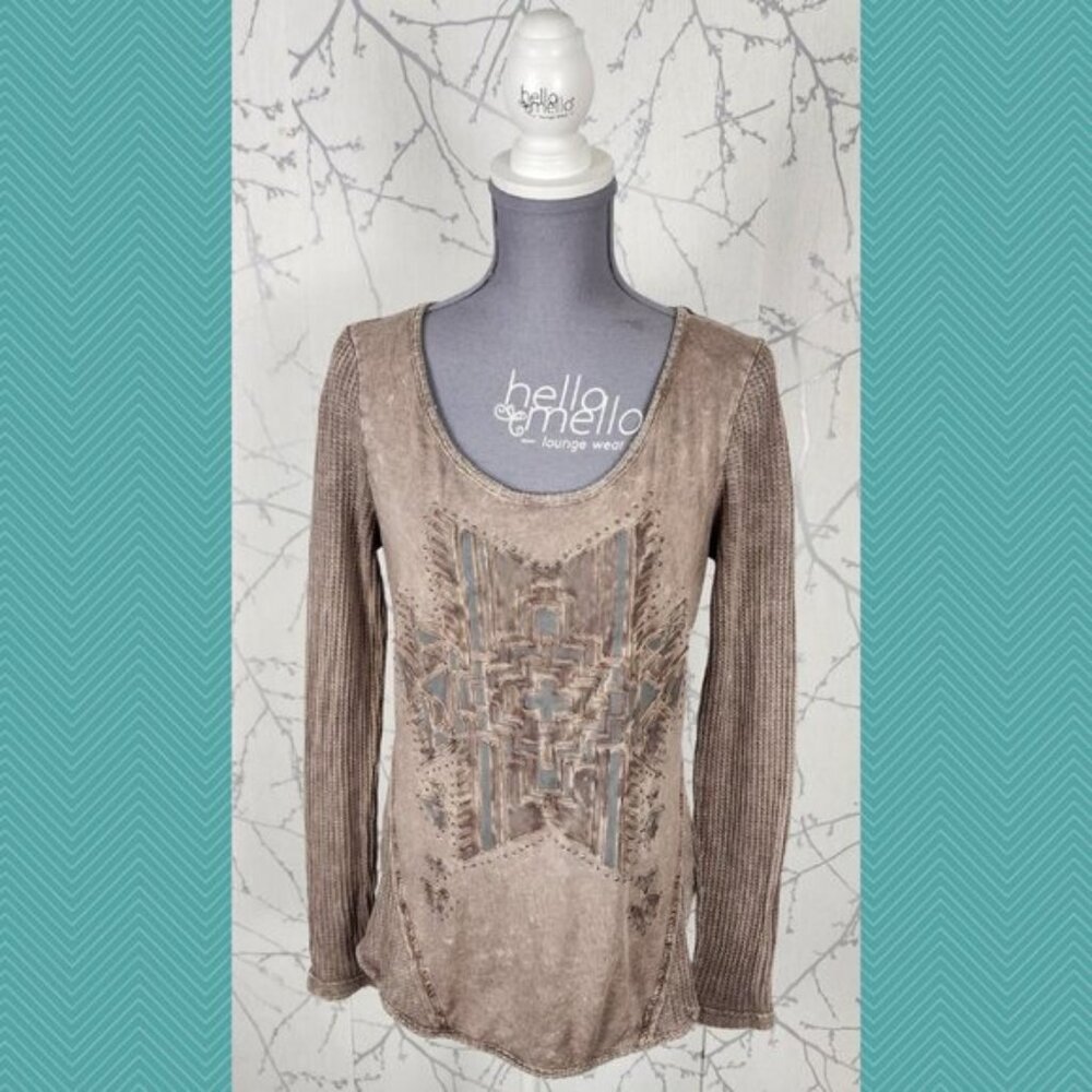 Daytrip Beige Tan Artsy Textured Waffle Knit Scoop Neck Top Y2K